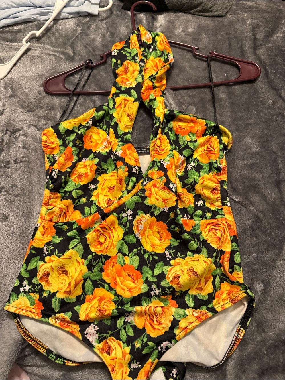 Zara Black Halter One-Piece with Yellow & Orange Rose Print